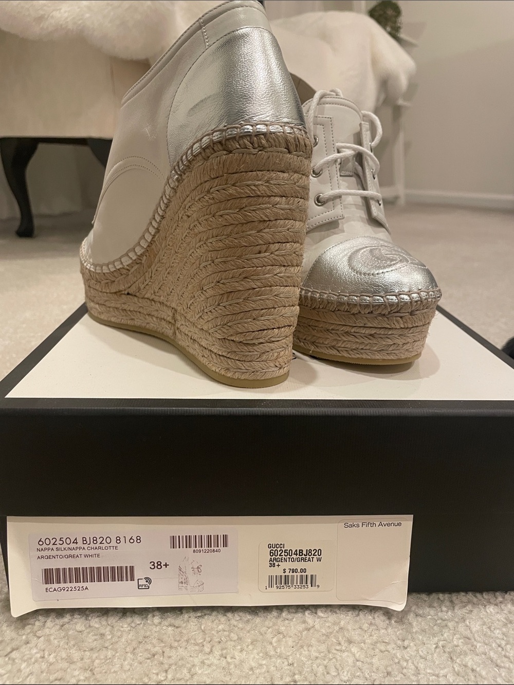 Gucci Silver and White Espadrille Wedge Sneakers